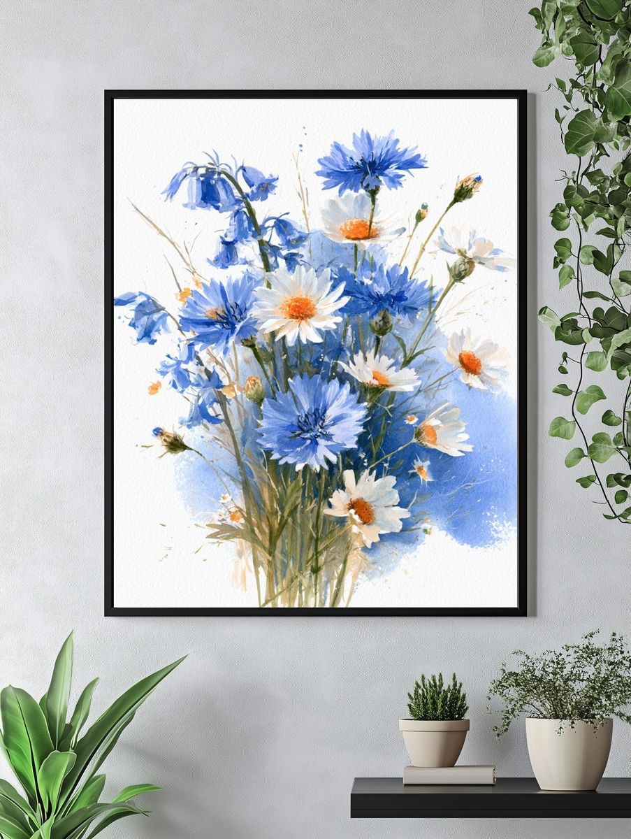 Blue Wildflower Bouquet Watercolor Print. — room view 4