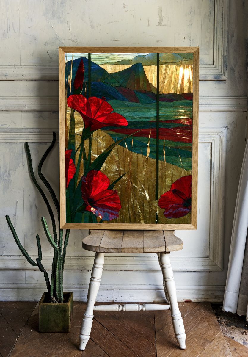 Sunlit Red Poppies Landscape Print. — room view 1