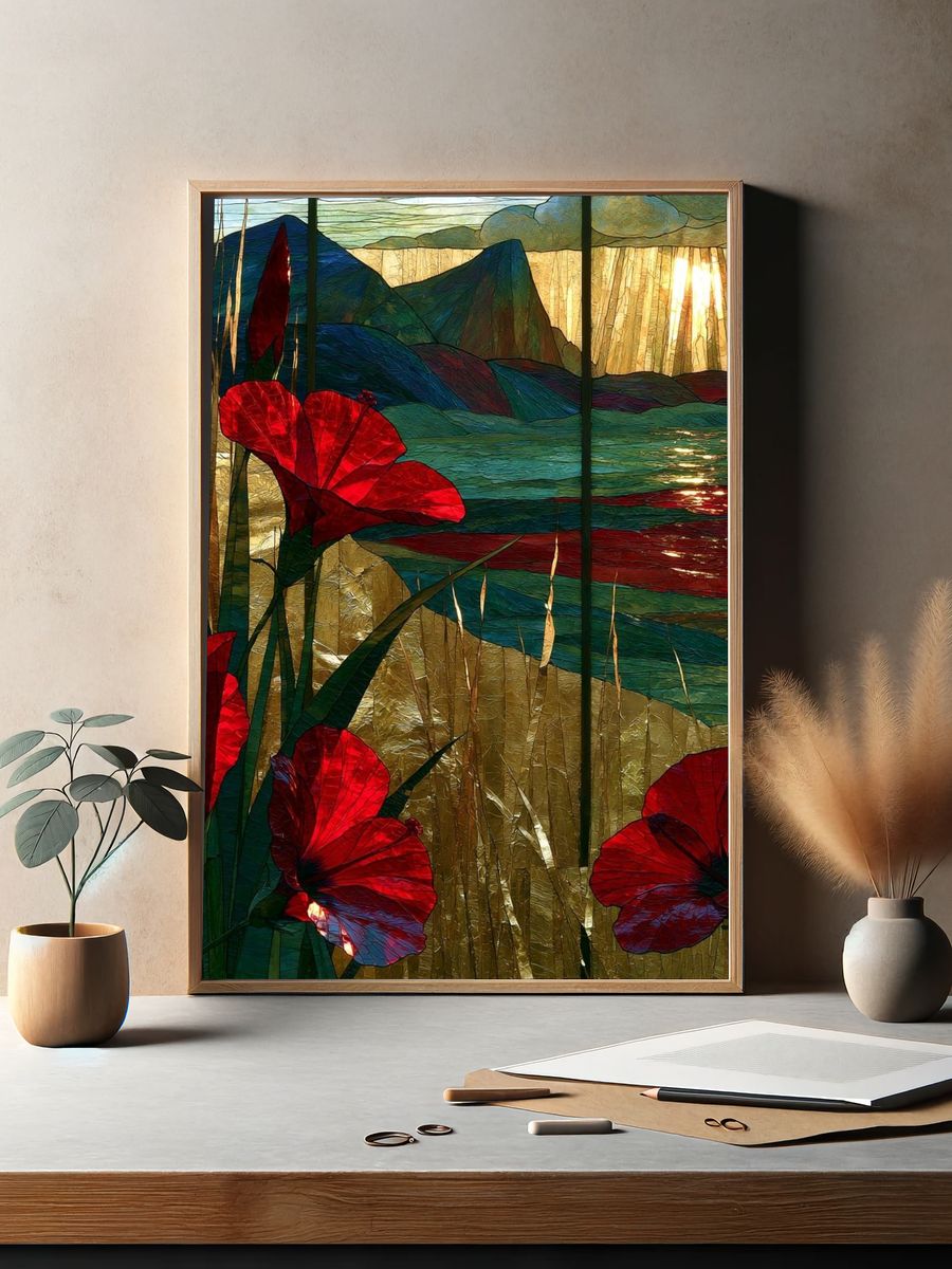 Sunlit Red Poppies Landscape Print. — room view 2
