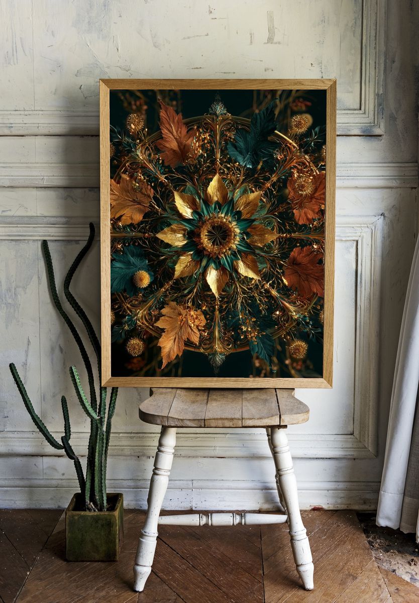 Golden Floral Mandala Poster. room preview