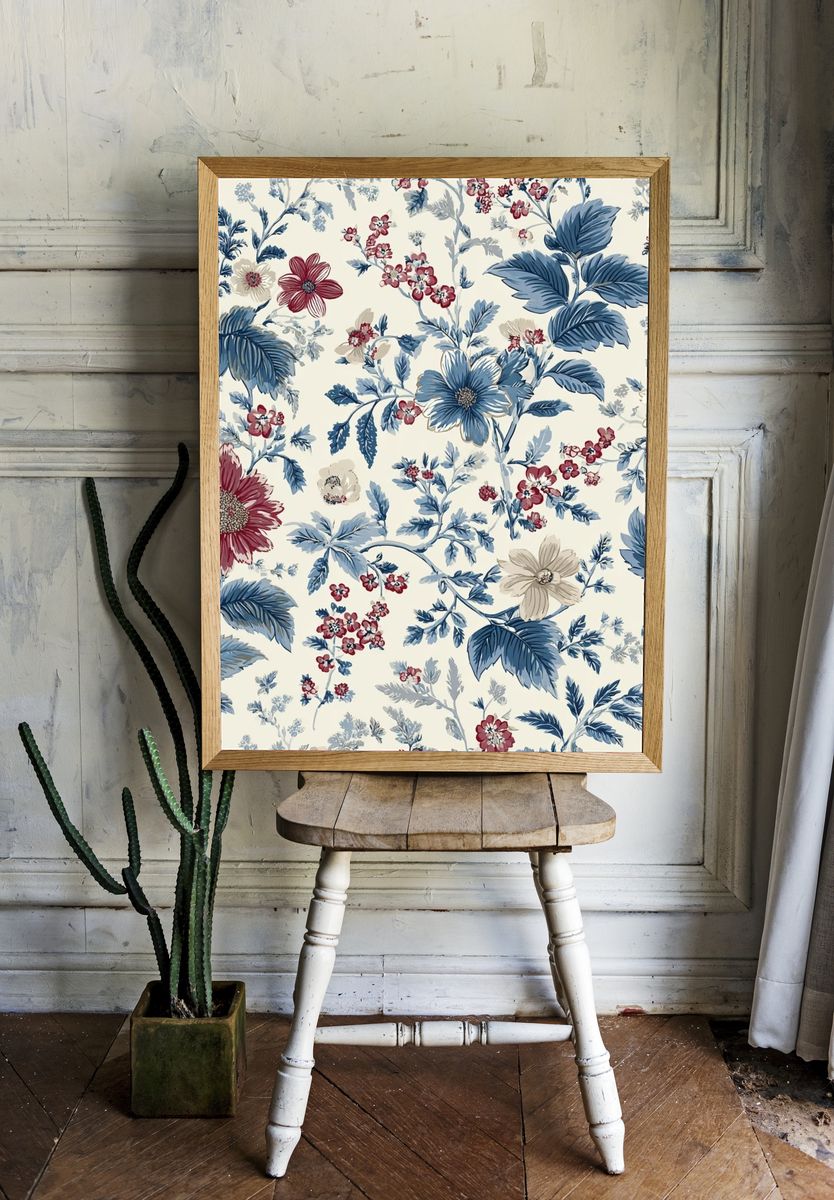 Blue Floral Toile Botanical Print room preview
