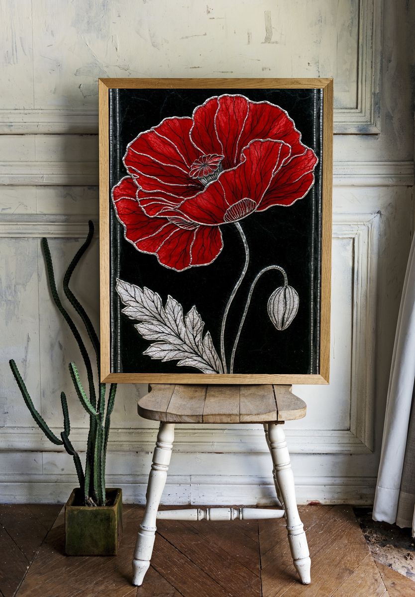 Red Poppy Botanical Print. room preview