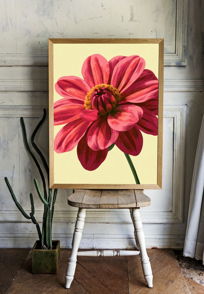 Pink Dahlia Bloom Botanical Print. room preview