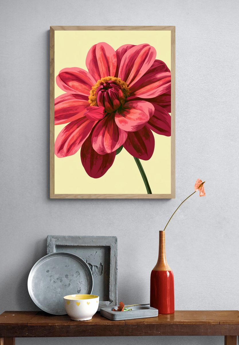 Pink Dahlia Bloom Botanical Print. — room view 3