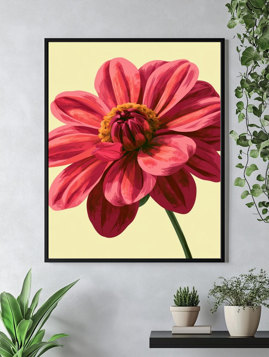 Pink Dahlia Bloom Botanical Print. — room view 4
