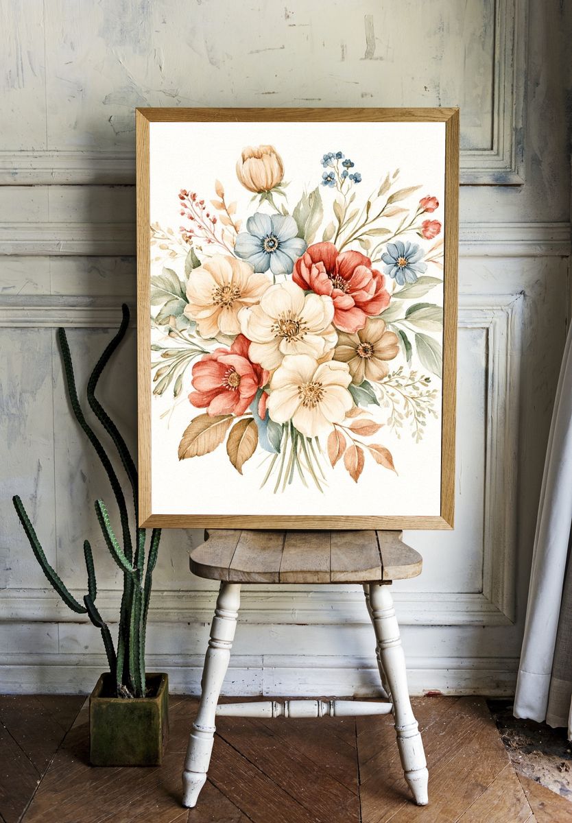 Pastel Wildflower Bouquet Print. room preview