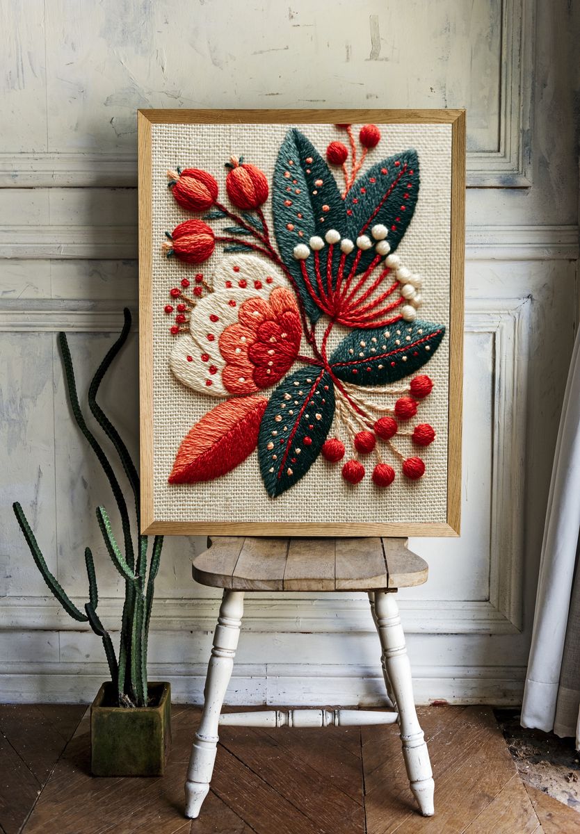 Embroidered Floral Botanical Print. room preview