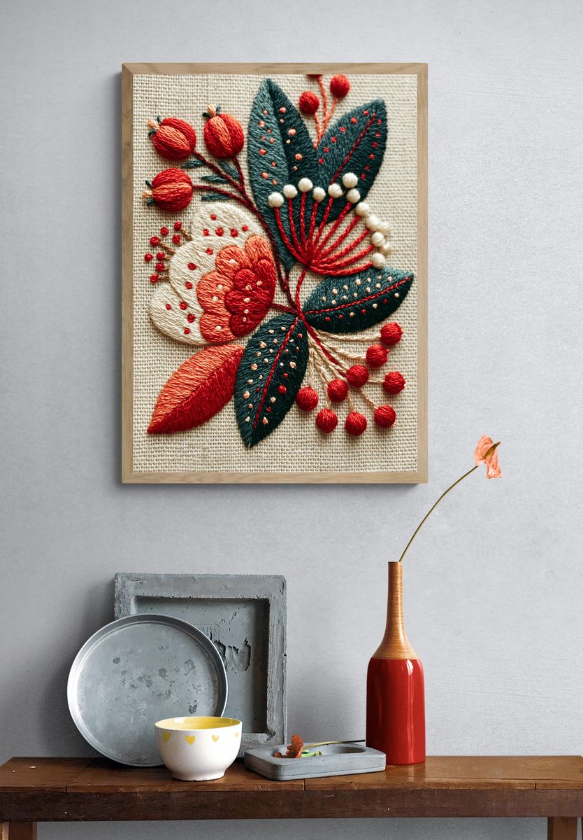 Embroidered Floral Botanical Print. — room view 3