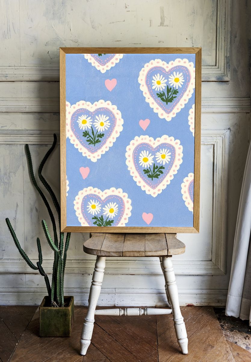 Blue Heart Daisy Pattern Print. — room view 1