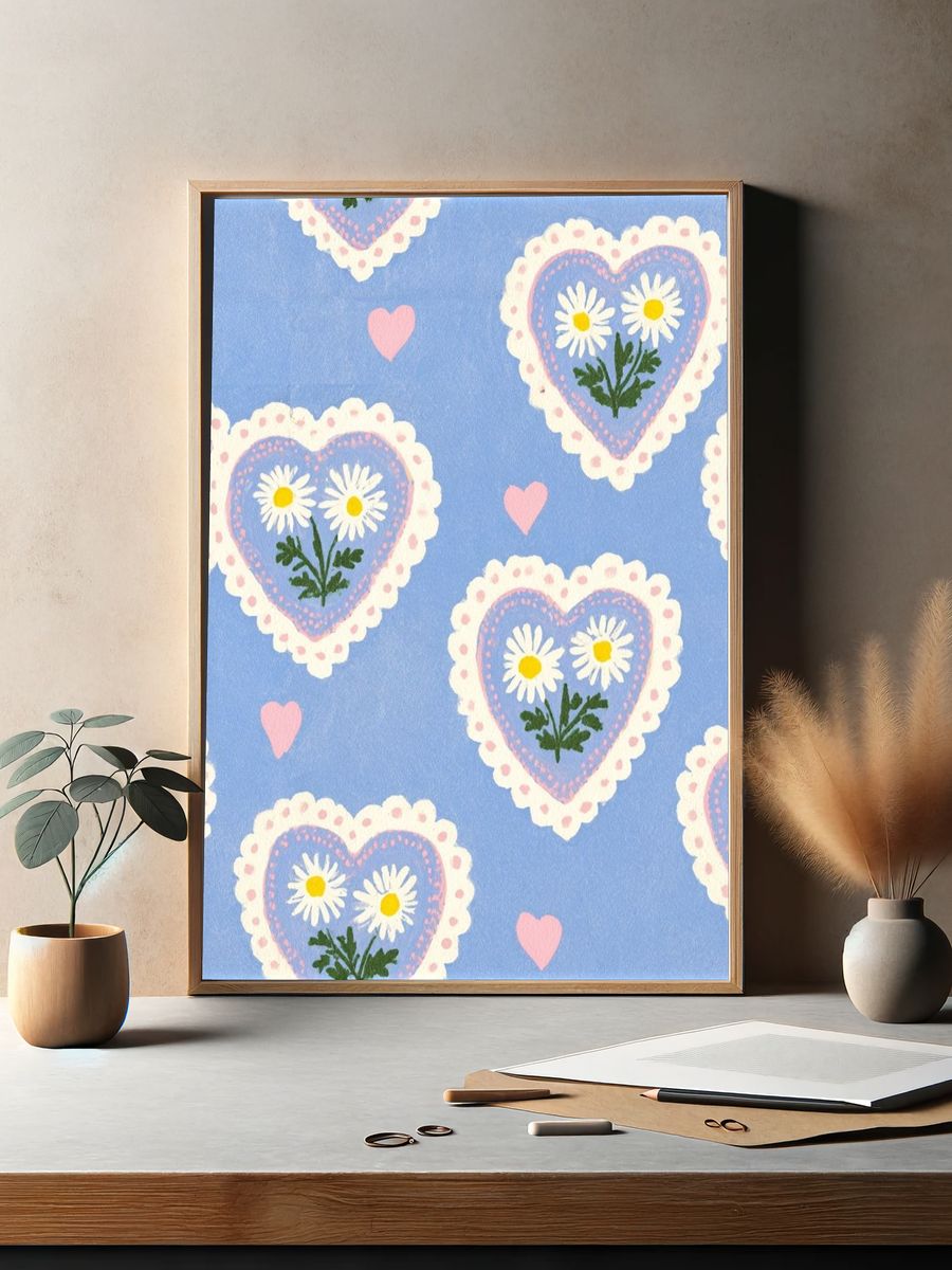 Blue Heart Daisy Pattern Print. — room view 2