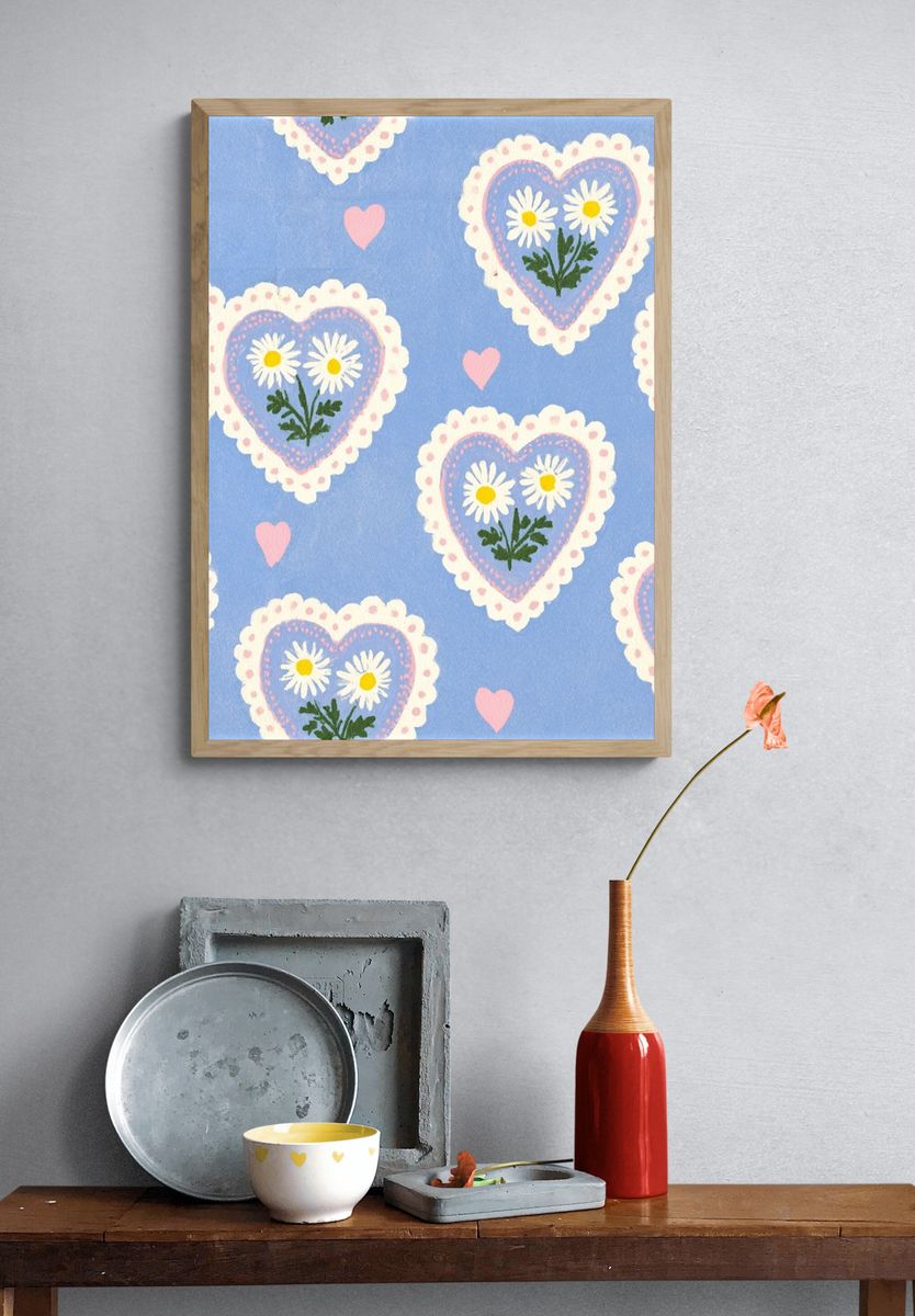 Blue Heart Daisy Pattern Print. — room view 3