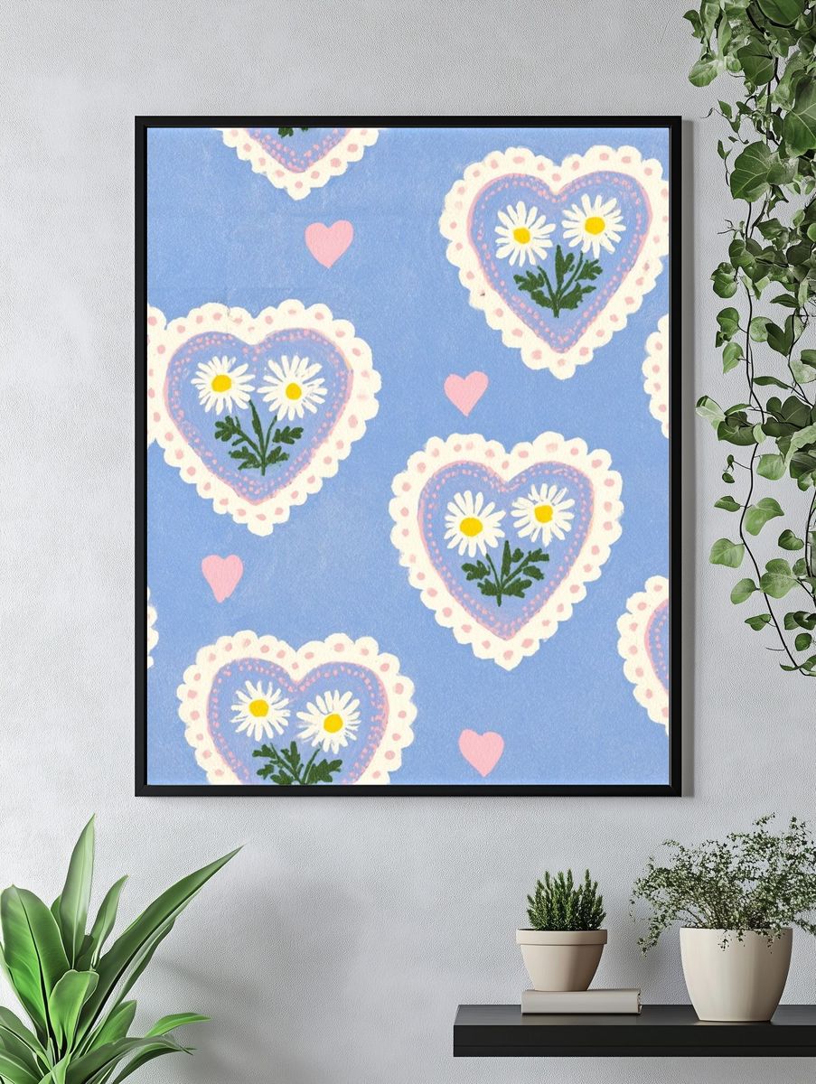 Blue Heart Daisy Pattern Print. — room view 4