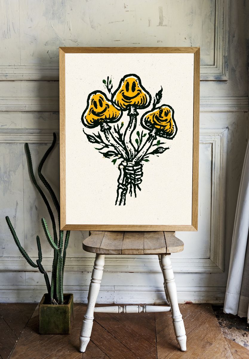 Yellow Flowers Ink Print. room preview