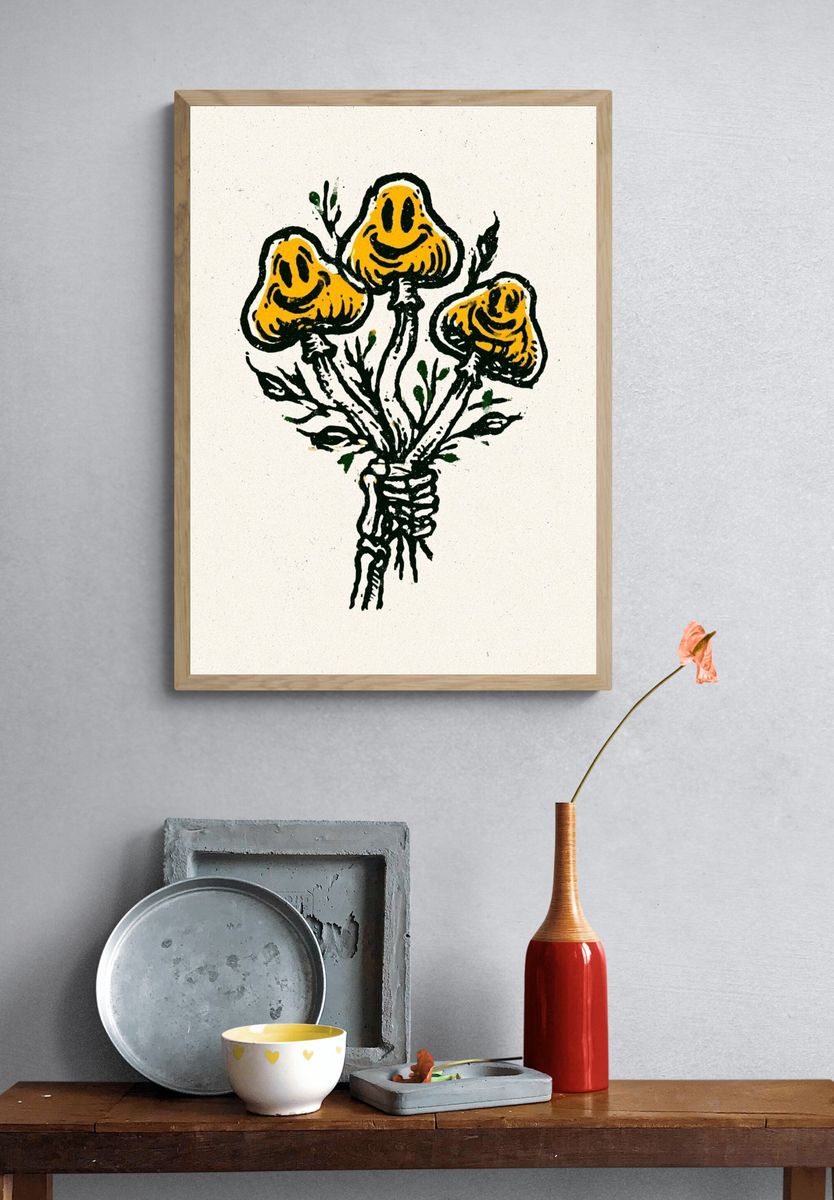 Yellow Flowers Ink Print. — room view 3