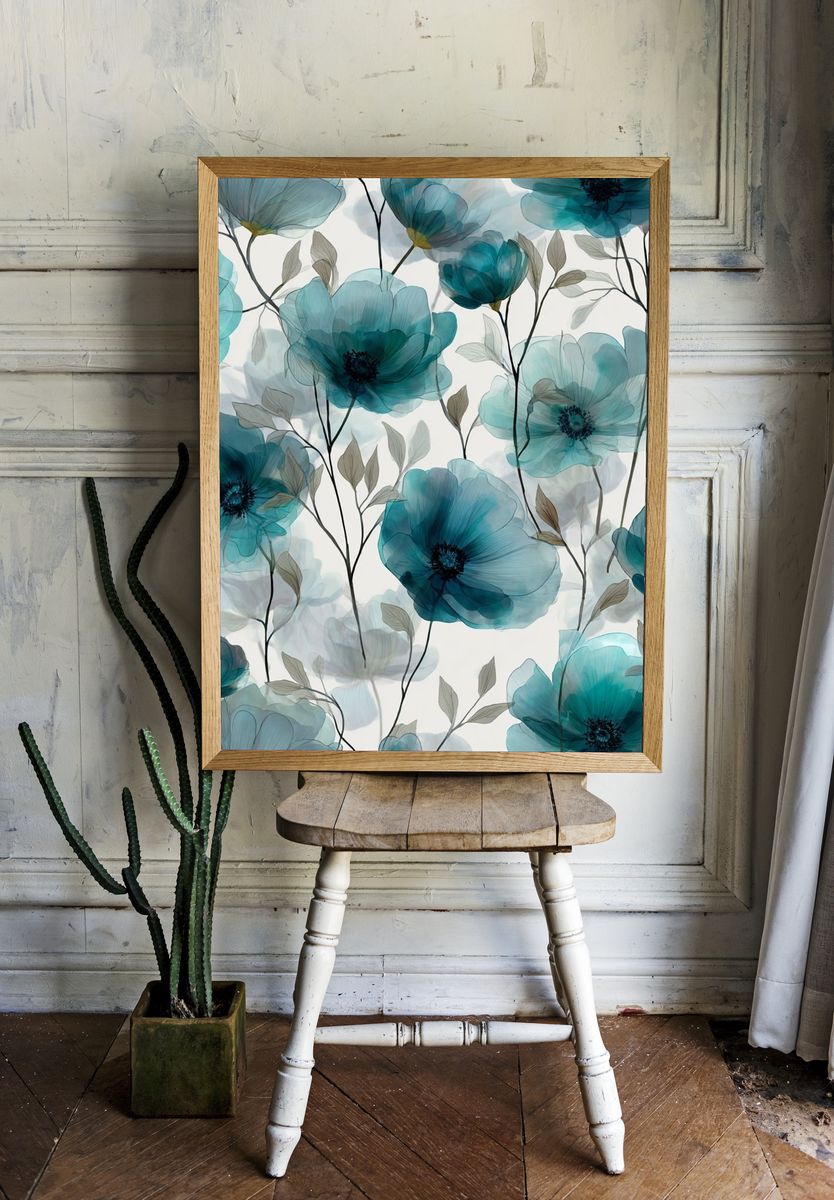 Teal Floral Botanical Print. room preview