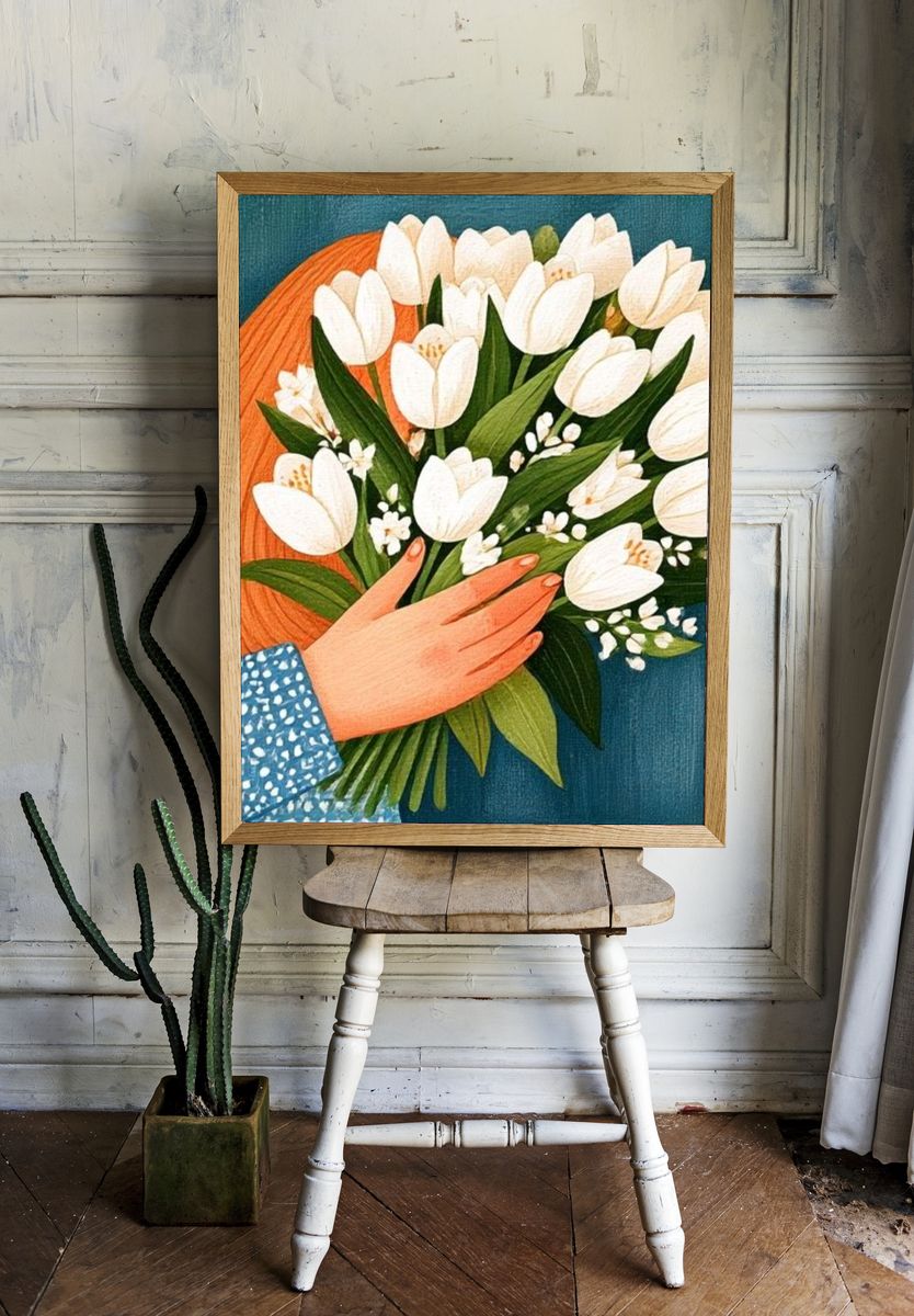 White Tulips Bouquet Illustration Poster. — room view 1
