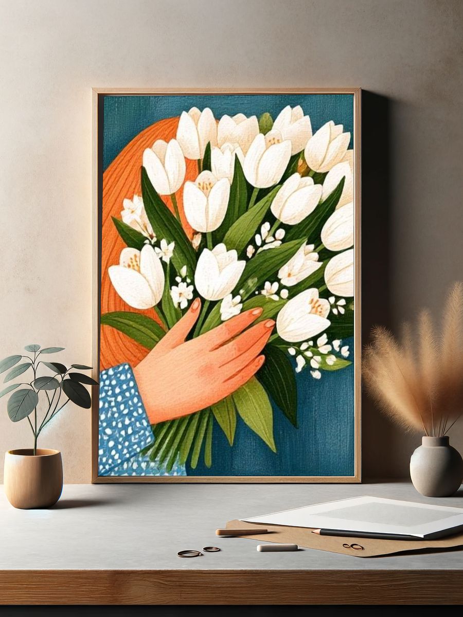 White Tulips Bouquet Illustration Poster. — room view 2