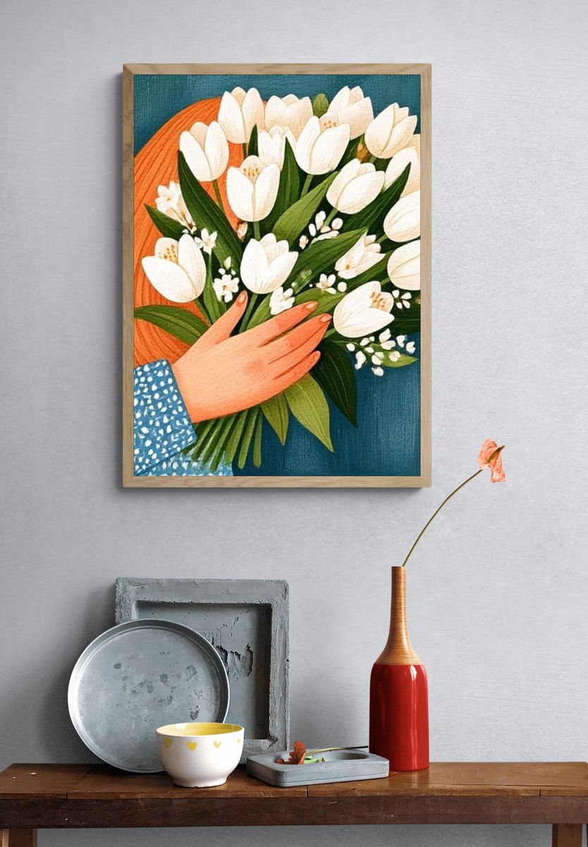 White Tulips Bouquet Illustration Poster. — room view 3