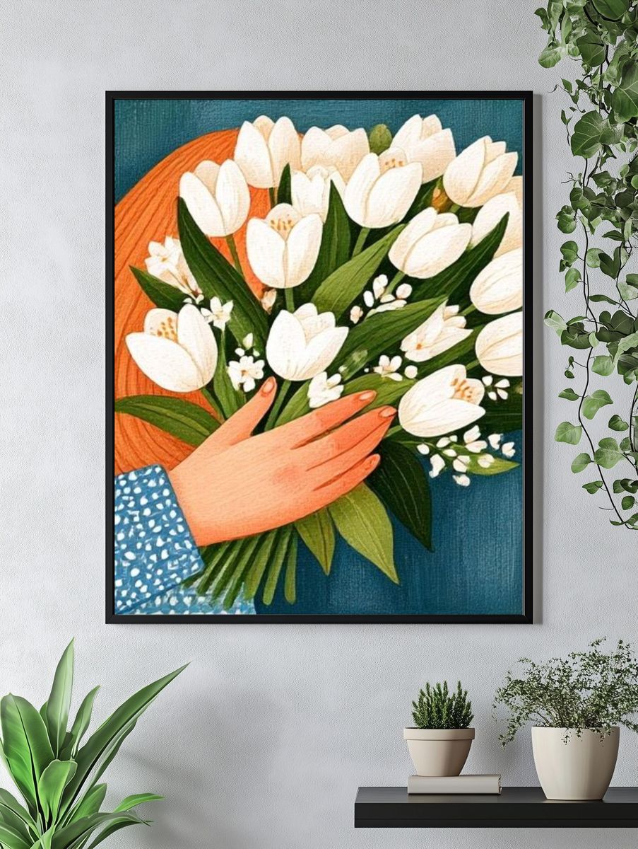 White Tulips Bouquet Illustration Poster. — room view 4