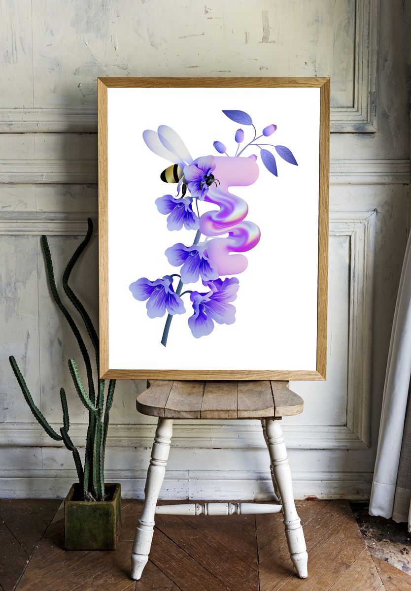 Purple Floral Bee Illustration Poster. room preview