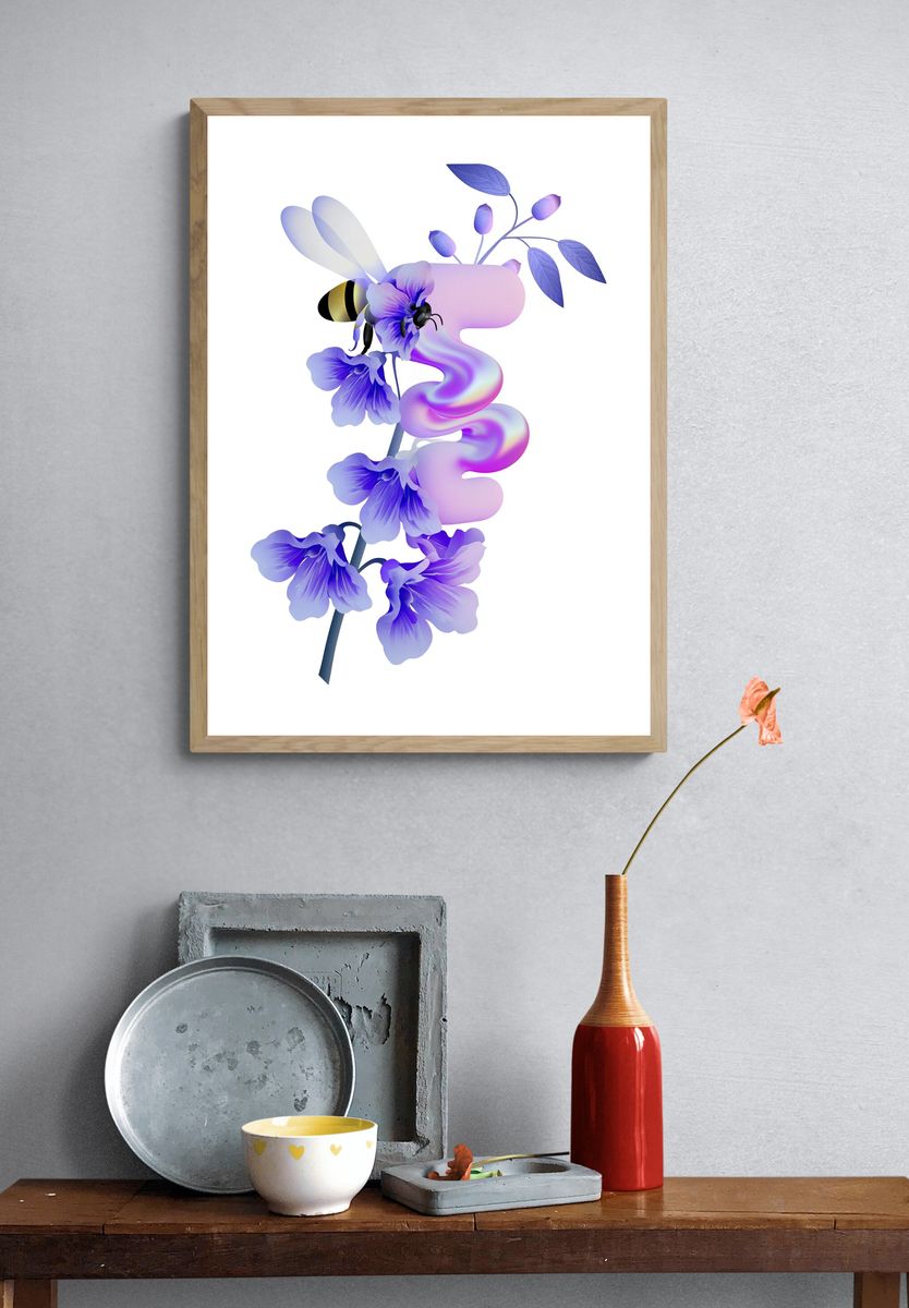 Purple Floral Bee Illustration Poster. — room view 3