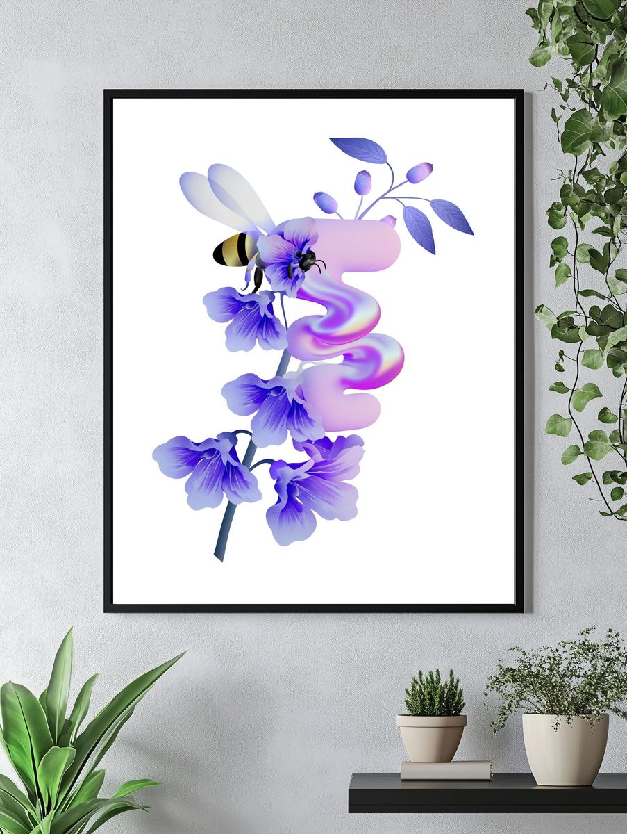 Purple Floral Bee Illustration Poster. — room view 4