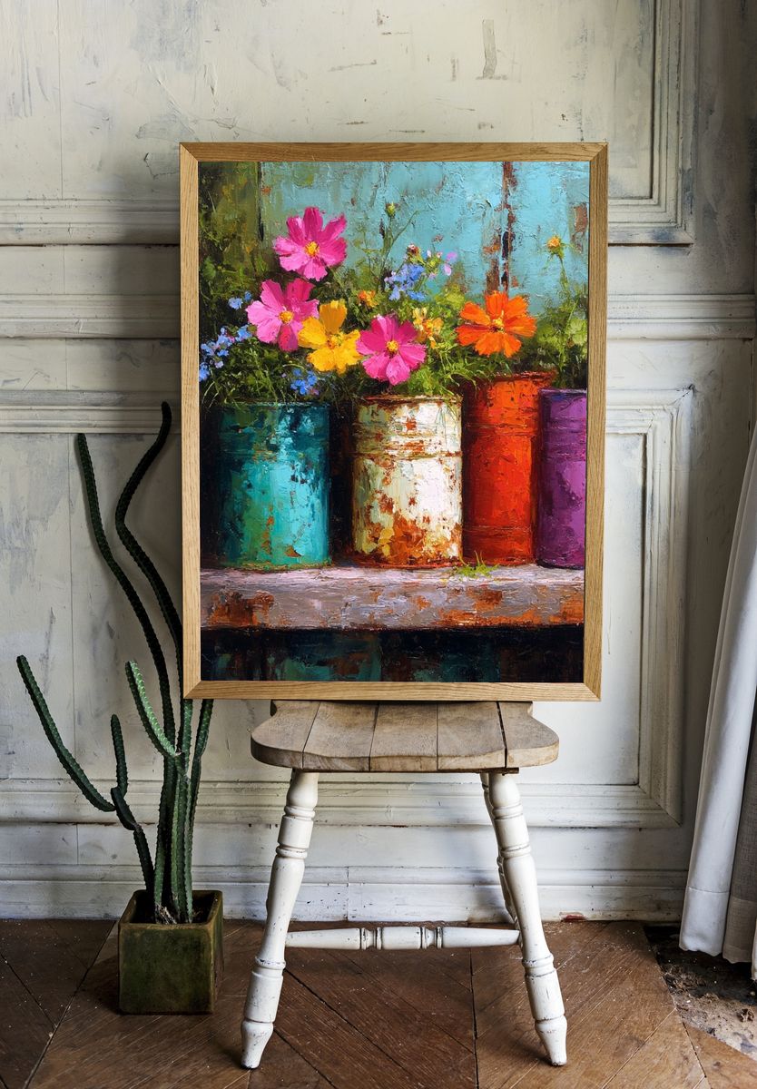 Colorful Flower Pots Still Life Poster room preview