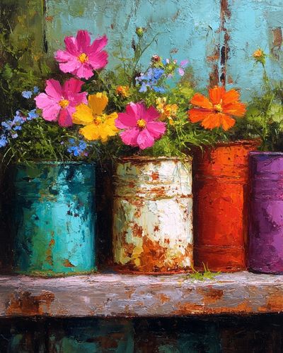 Colorful Flower Pots Still Life Poster.