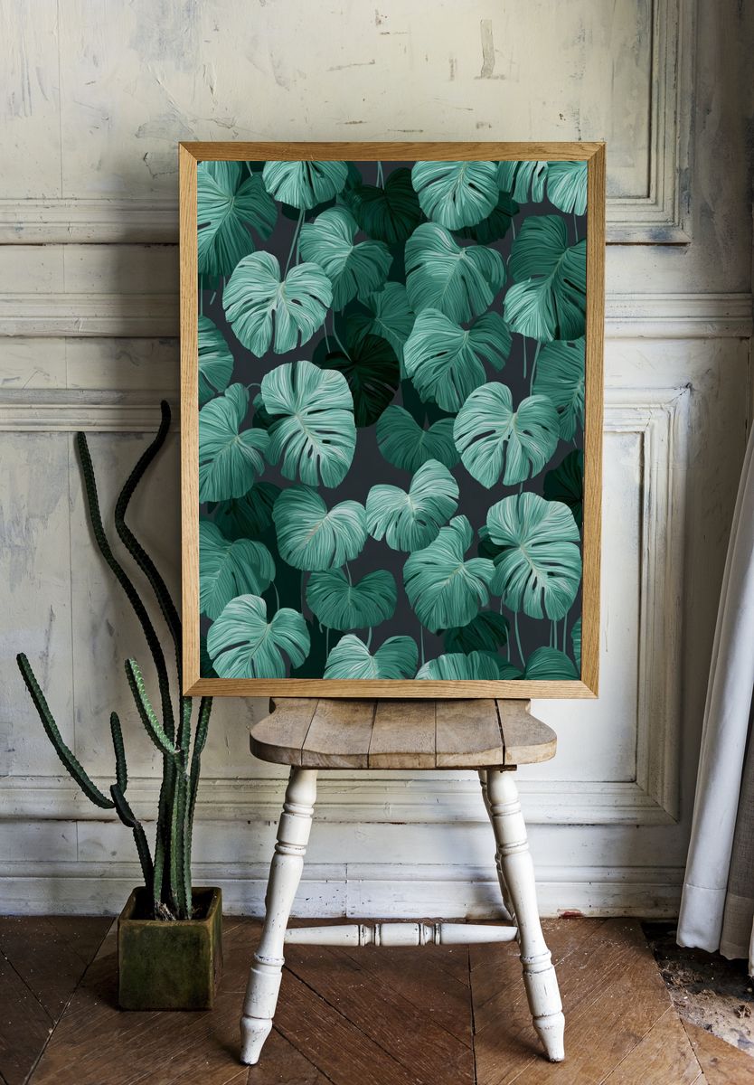 Tropical Monstera Leaves Illustration Poster. room preview
