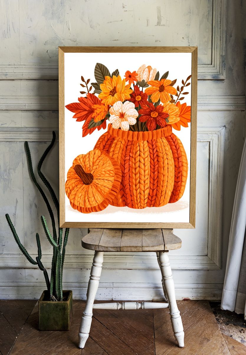 Autumn Pumpkin Bouquet Illustration Poster. — room view 1