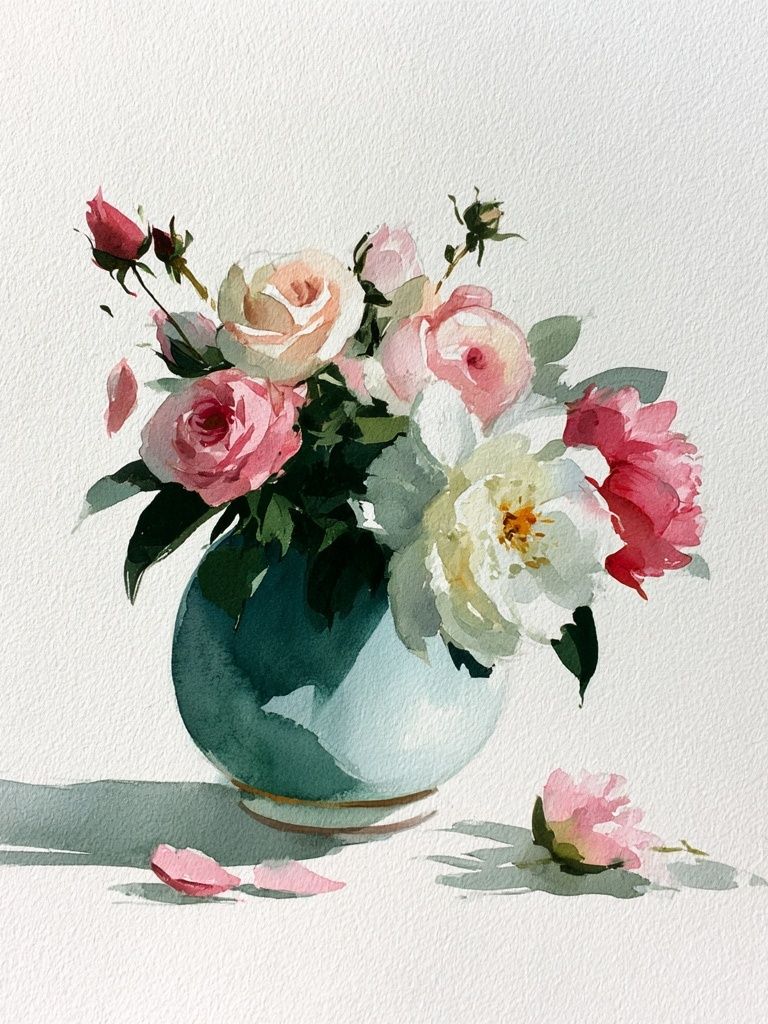 Watercolor Roses in Vase Print. poster — botanical art