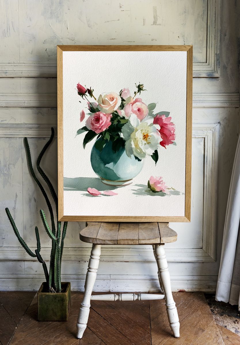 Watercolor Roses in Vase Print. — room view 1