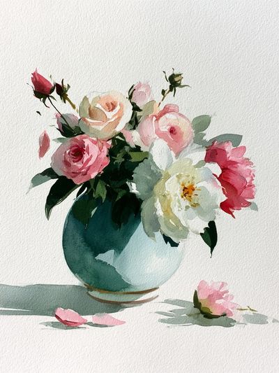 Watercolor Roses in Vase Print. poster