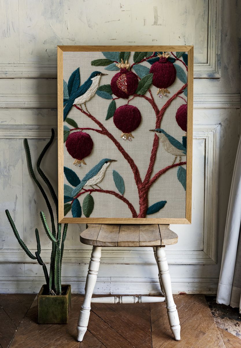 Embroidered Birds and Pomegranates Print. room preview