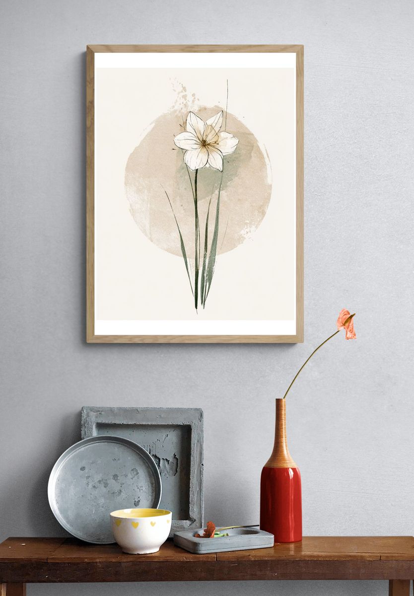 Minimal White Flower Botanical Poster. — room view 3