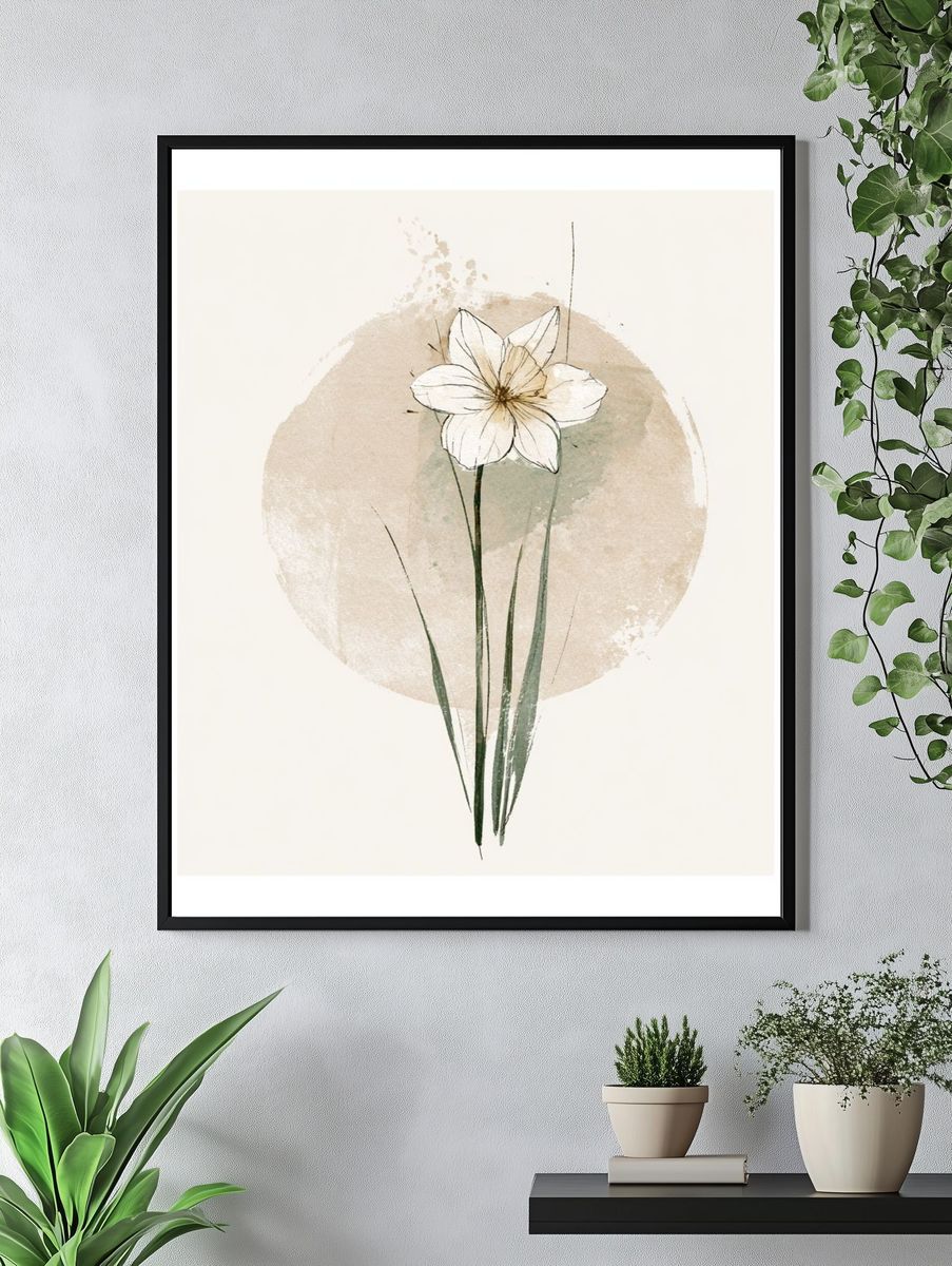 Minimal White Flower Botanical Poster. — room view 4