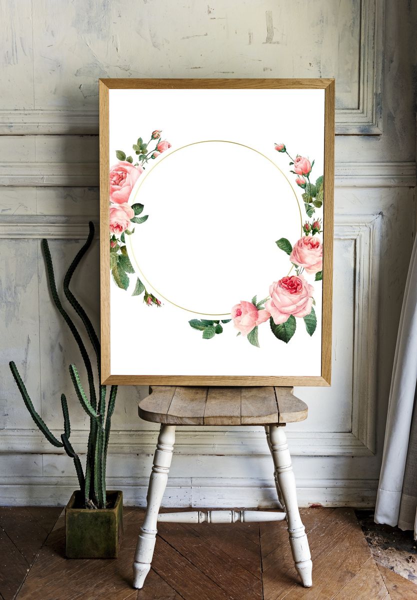 Blank round pink roses frame room preview