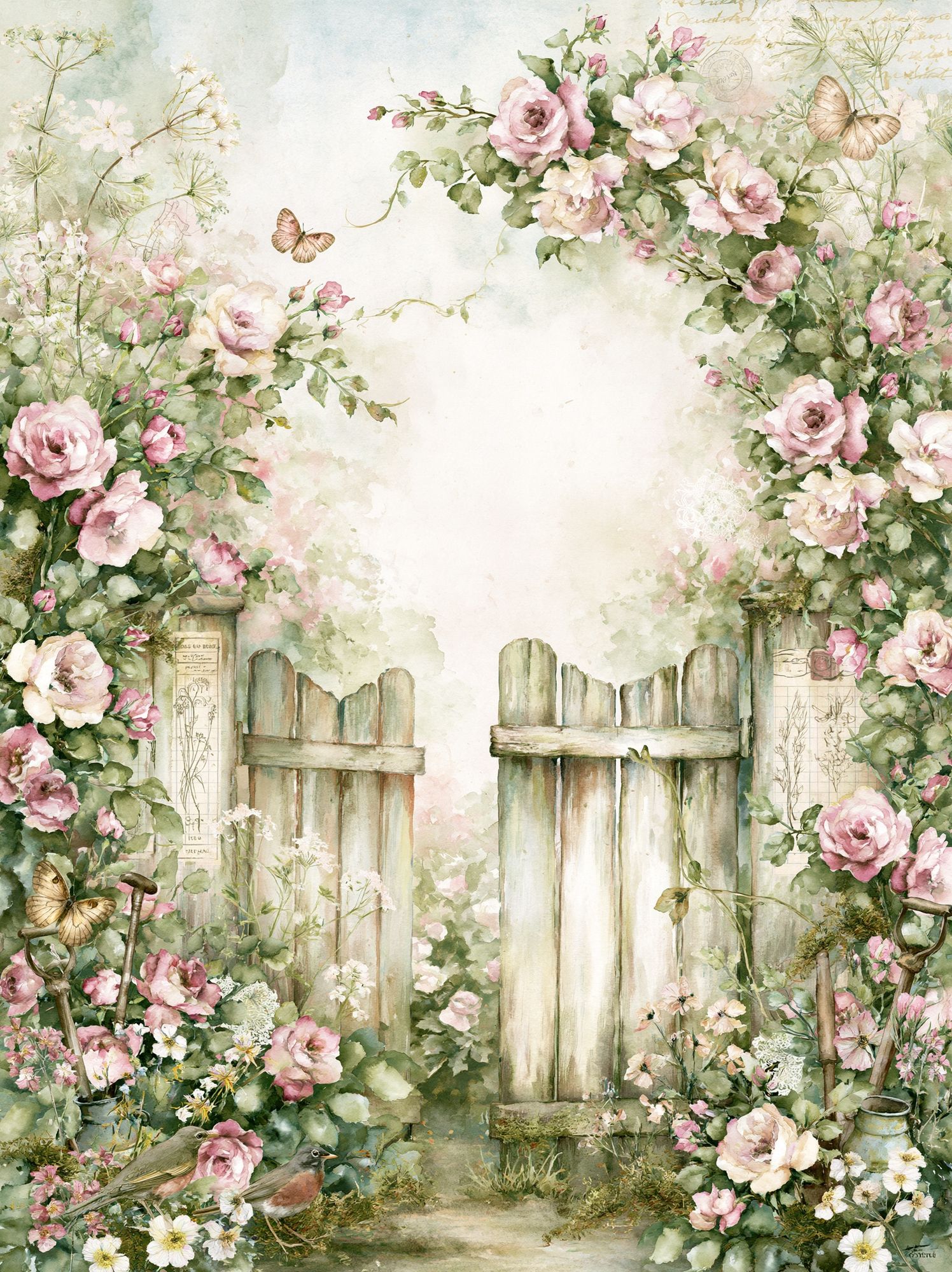 Floral Garden Gate Watercolor Print. poster detail
