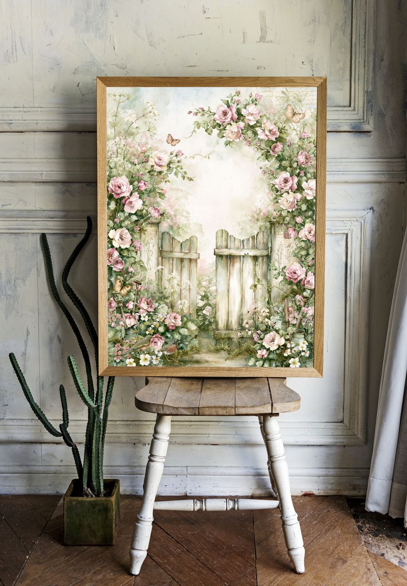 Floral Garden Gate Watercolor Print. — room view 1