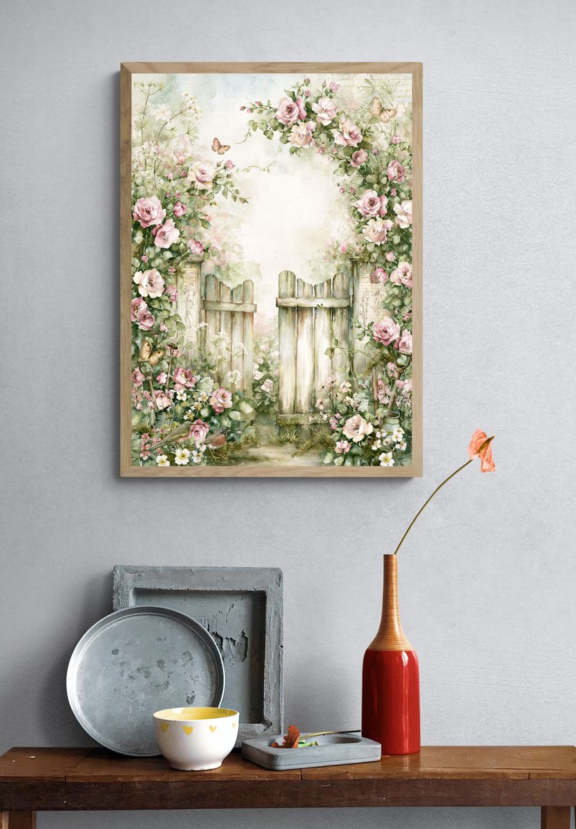 Floral Garden Gate Watercolor Print. — room view 3