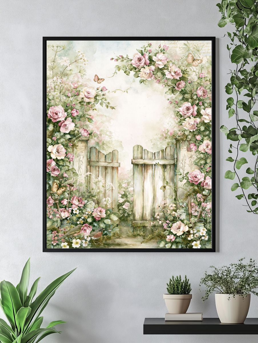 Floral Garden Gate Watercolor Print. — room view 4