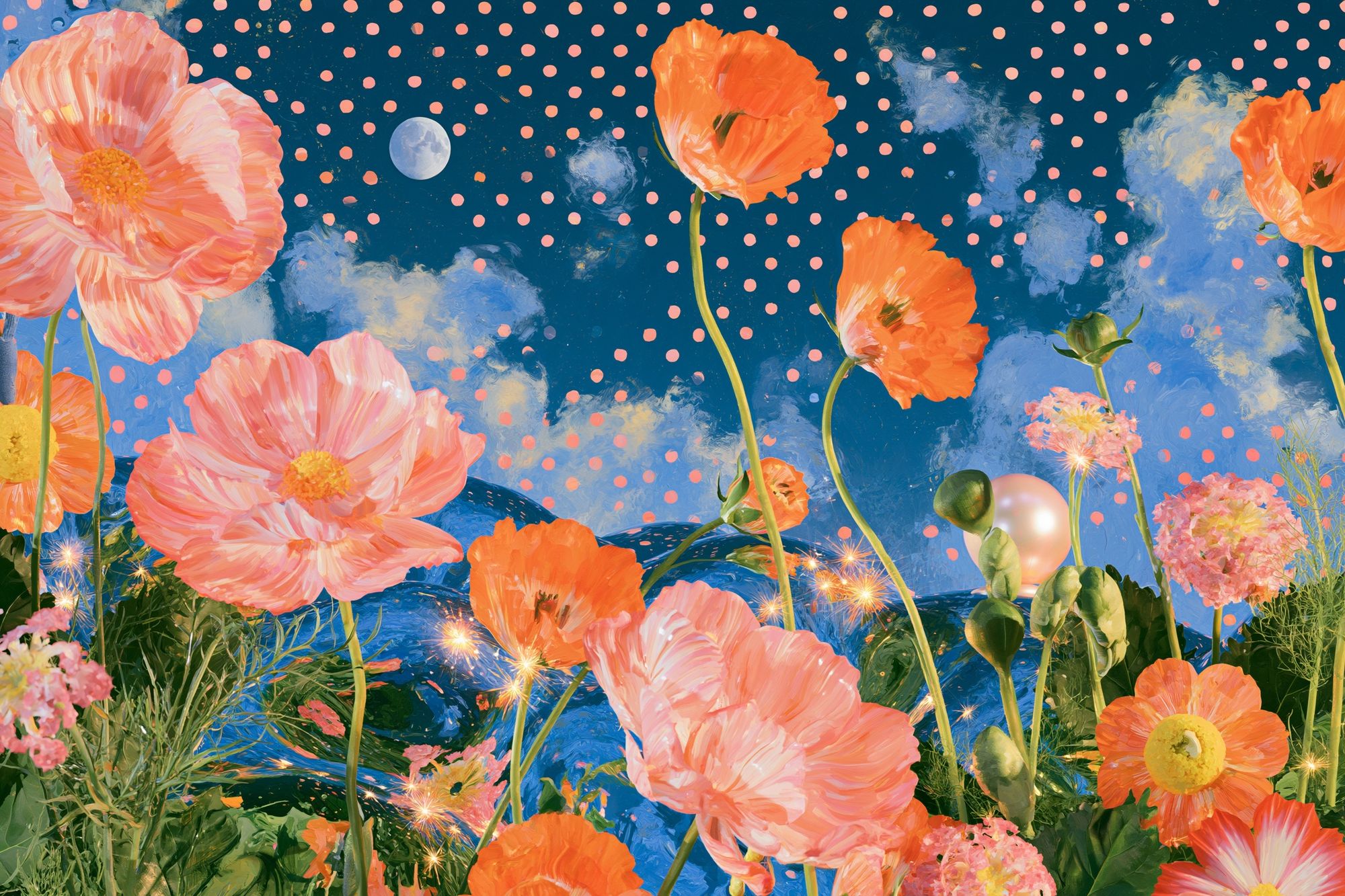 Moonlit Poppy Garden Print. poster — botanical art