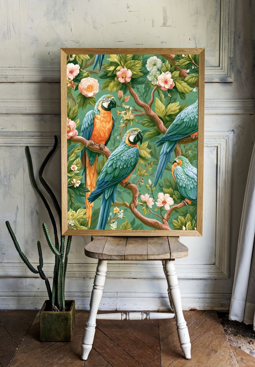 Tropical Parrots Botanical Poster. — room view 1
