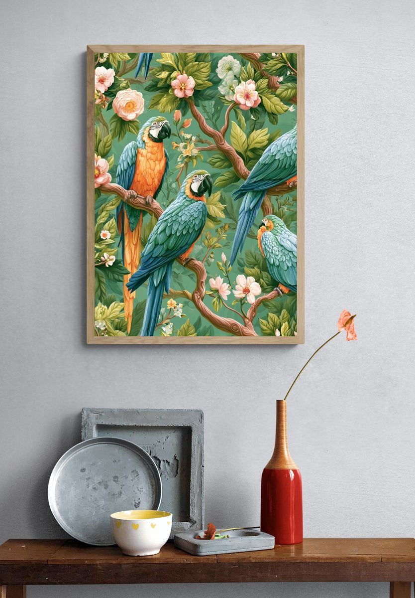 Tropical Parrots Botanical Poster. — room view 3