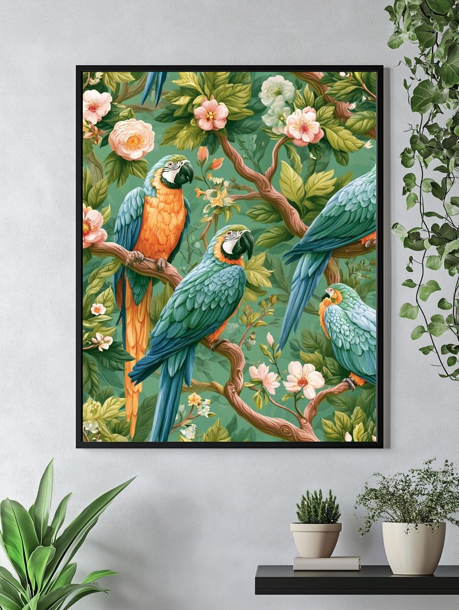 Tropical Parrots Botanical Poster. — room view 4