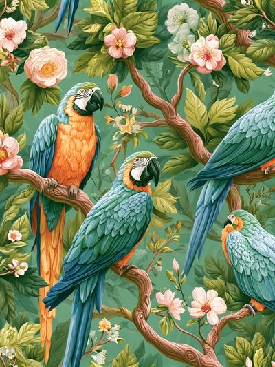 Tropical Parrots Botanical Poster.