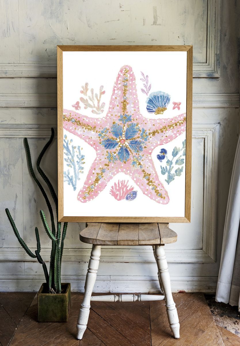 Pastel Starfish Watercolor Print. — room view 1