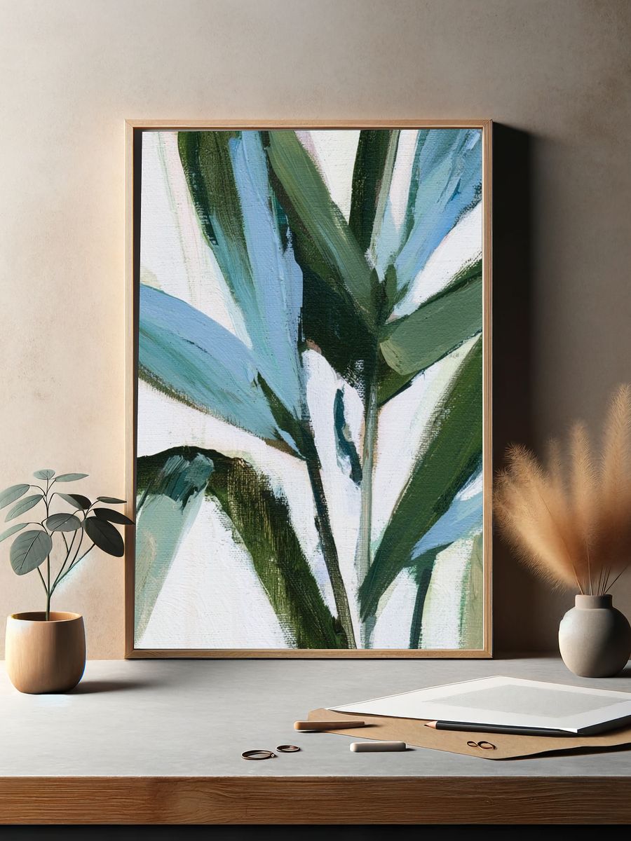 Blue Green Palm Leaves Poster. — room view 2