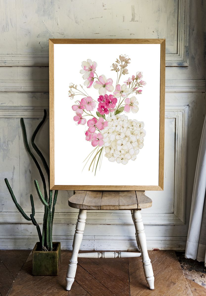 Pink Blossom Bouquet Watercolor Print. — room view 1