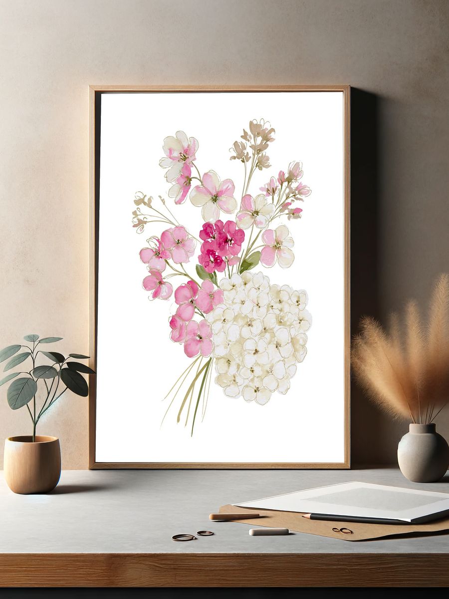 Pink Blossom Bouquet Watercolor Print. — room view 2